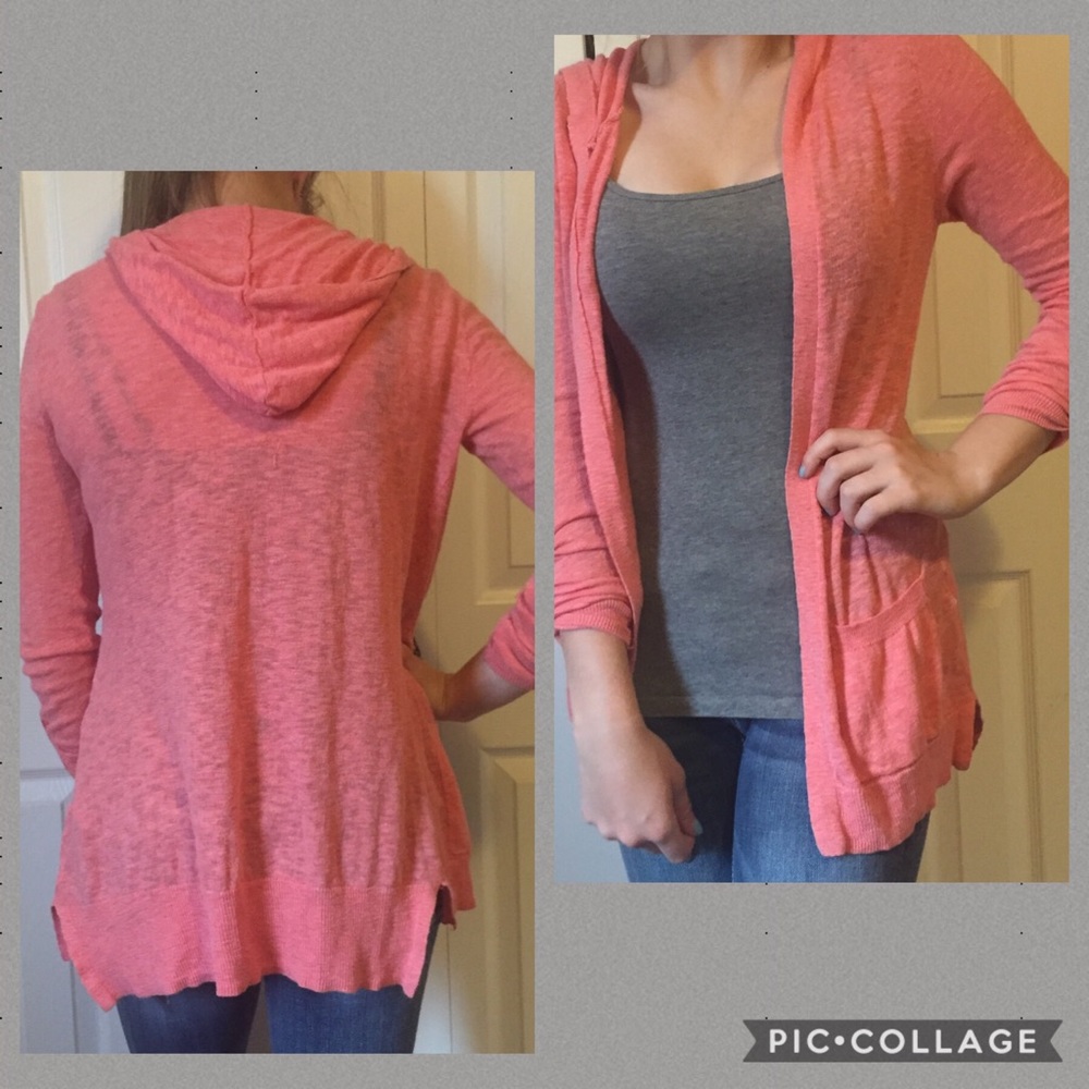 Salmon colored cardigan with hood
